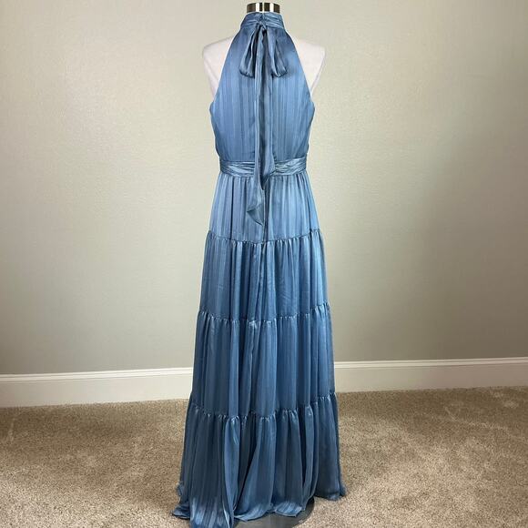 Mac Duggal 70168 Metallic Pleated Halter A-Line Gown Slate Blue Size 8 Dress - Picture 7 of 11